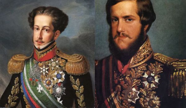 Foto de Dom Pedro I à esquerda e Dom Pedro II à direita
