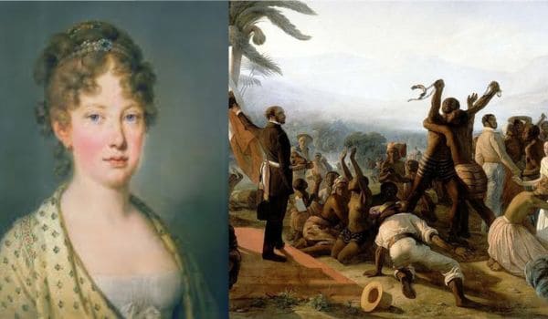 À esquerda se encontra a princesa Isabel e à direita um representação da abolição da escravatura