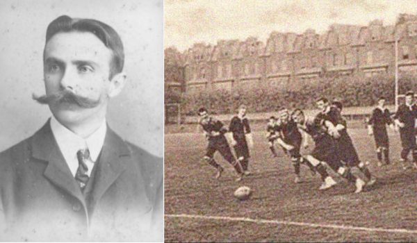 Foto do Charles Miller à esquerda e o primeiro jogo oficial no Rio de Janeiro à direita